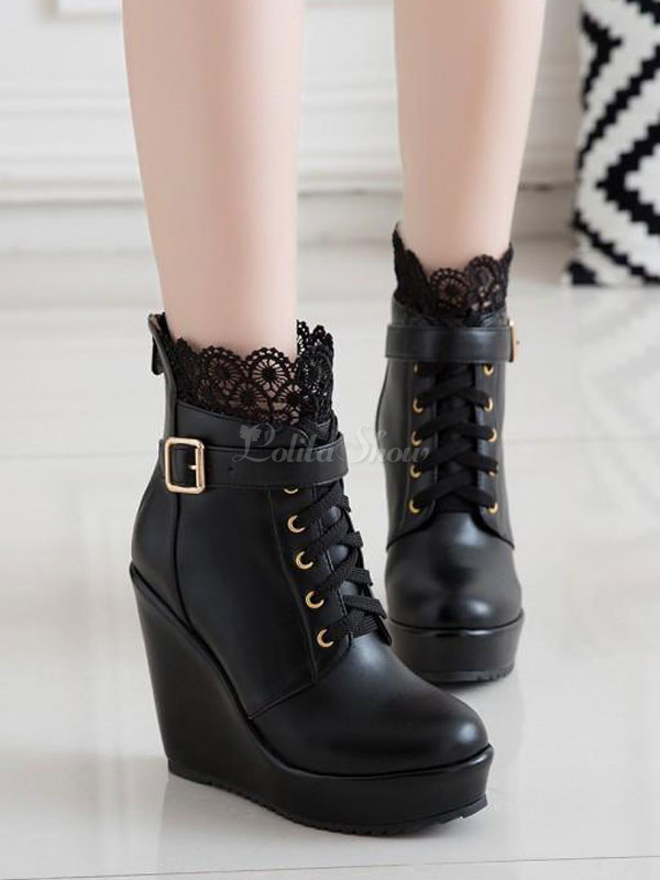 Classic Lolita Boots Lace Buckle Wedge 