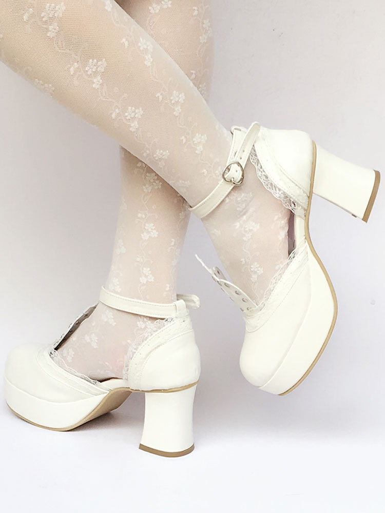 Lolitashow White Lolita Shoes T Strap 