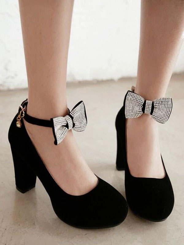 black heels with bow ankle strap