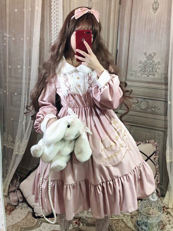 ゴスロリワンピース Opドレス ボタン 全３色 フリル 童話モチーフ プリント星柄 長袖 ロリータワンピースドレス Lolitashow Com Jp