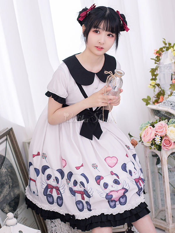 甘いロリータopドレスパンダプリント弓ボタンホワイト半袖ロリータワンピースドレス Lolitashow Com Jp