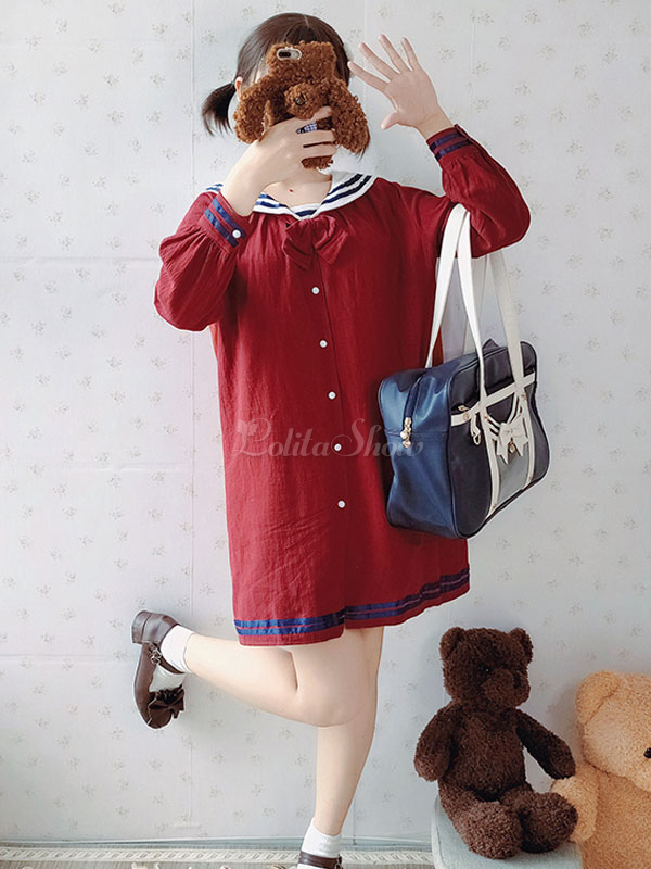 甘ロリ セーラー風 ロリィタワンピース 長袖 ラブリー ロリータ Opドレス レース リボン ロリータ ボウブルゴーニュ Lolitashow Com Jp