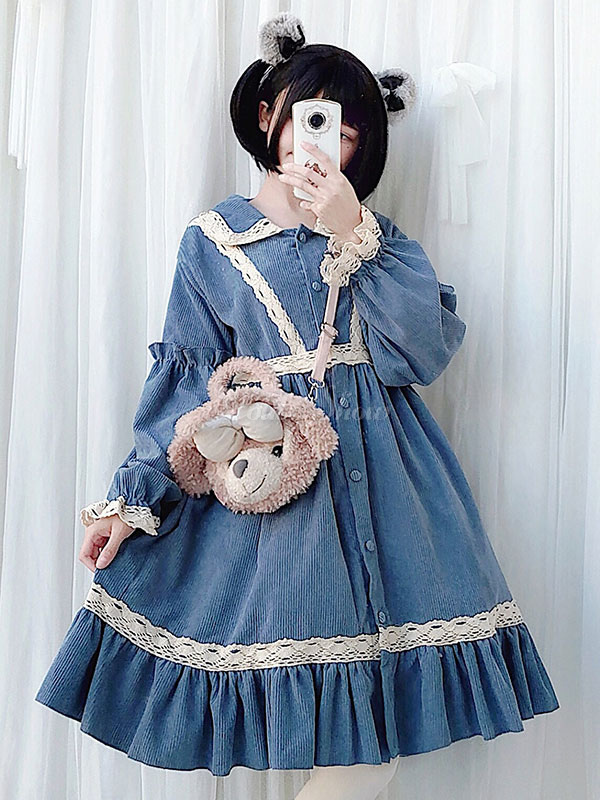 甘ロリ ピンク ロリィタワンピース 長袖 ラブリー ロリータ Opドレス レース ロリータドレス コーデュロイ Lolitashow Com