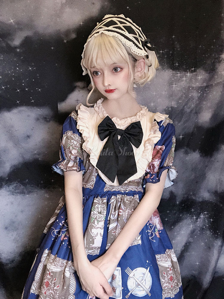 甘ロリ スウィート ロリータワンピース 半袖 童話モチーフ柄 プリーツ Opドレス ボウブループリント ロリータワンピースドレス Lolitashow Com Jp