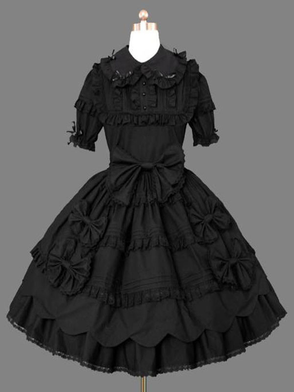 Gothic Lolita Lassige Schwarze Kleid Kurzarm Baumwolle Mischung Lolita Kleid Lolitashow Com