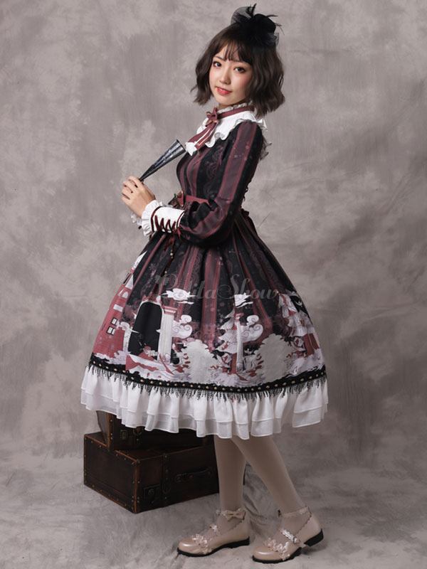 Classic Lolita Op Dress Snow Country Girl Print Bow Ruffle Black Lolita One Piece Dress Lolitashow Com