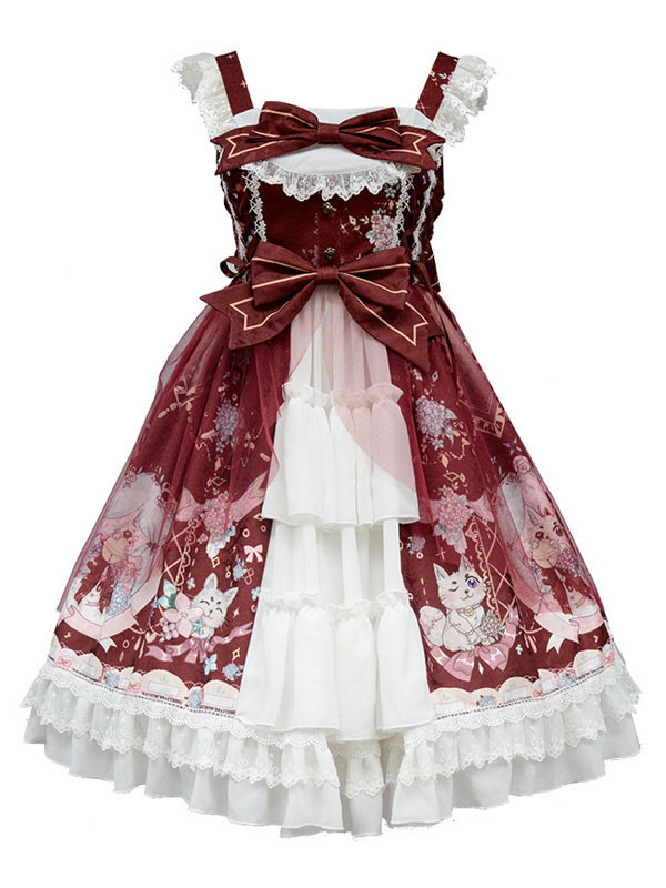 Doux Lolita Robe Bow Dentelle Jsk Bows Cat Imprimer Lolita Jumper Jupes Lolitashow Com