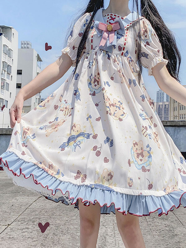 Sweet Lolita Op Dress Bear Print Bows Short Sleeve Lolita One Piece Dresses Lolitashow Com