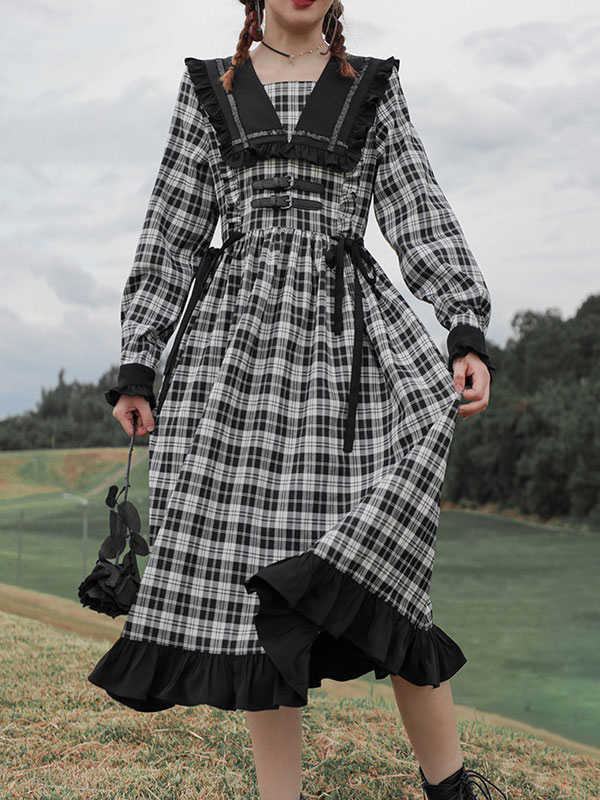 Gothic Lolita Op Dress Plaid Long Sleeve Lolita One Piece Dress Lolitashow Com