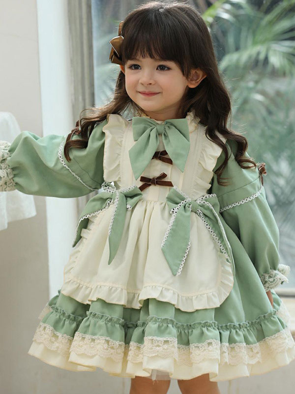 Children S Sweet Lolita Dress Green Ruffles Polyester Long Sleeve Kids One Piece Dress Lolitashow Com