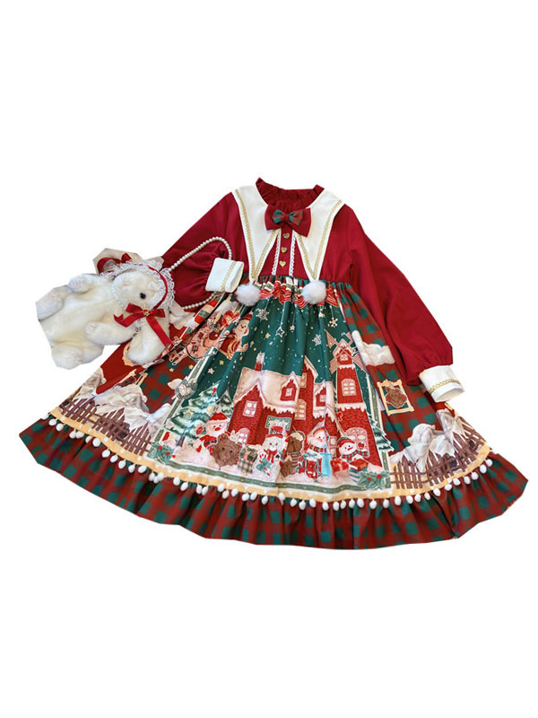 Sweet Lolita Op Dress Christmas Pattern Long Sleeve Polyester Red Christmas Lolita One Piece Dresses Lolitashow Com