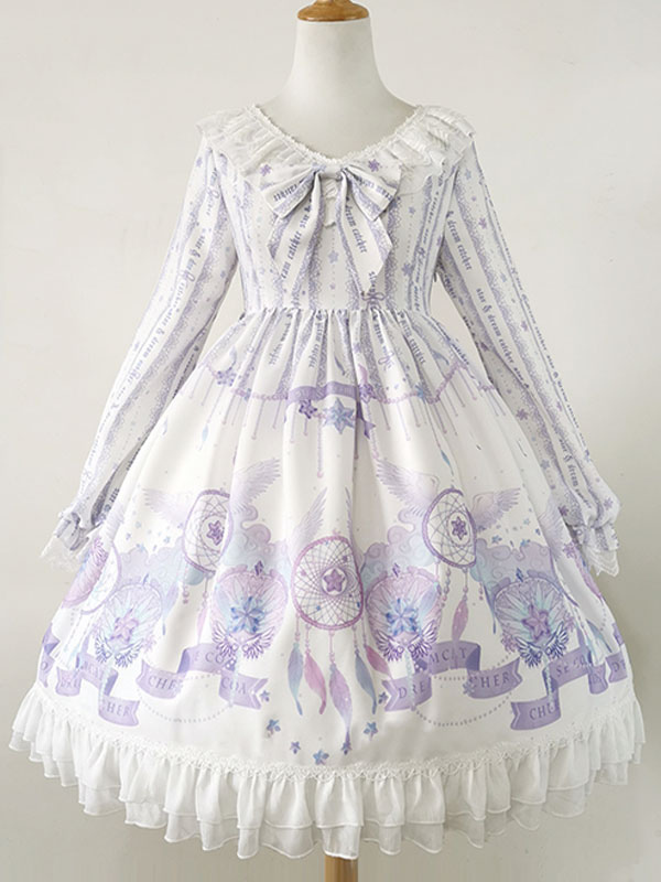 Sweet Lolita Op Dress Purple Long Sleeves Polyester Bows Daily Casual Lolita One Piece Dresses Lolitashow Com