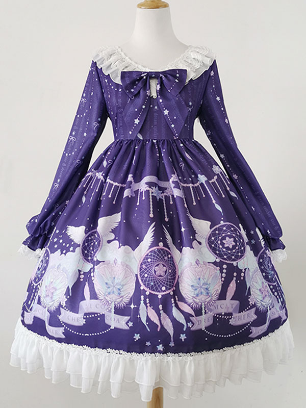 Sweet Lolita Op Dress Purple Long Sleeves Polyester Bows Daily Casual Lolita One Piece Dresses Lolitashow Com