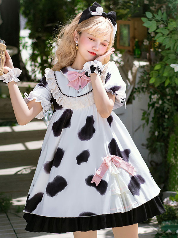 21新発 牛柄 甘いロリータopドレス白い ポリエステル半袖甘いロリータワンピースドレス 激安特価 Vacationgetaways4less Com