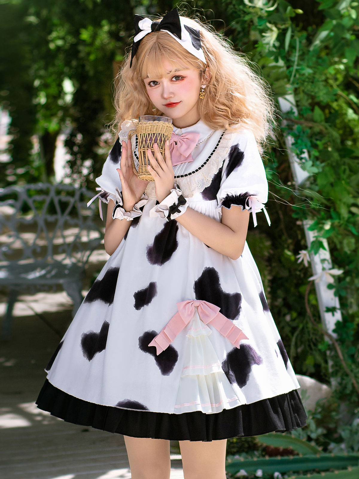 甘いロリータopドレス白い牛柄ポリエステル半袖甘いロリータワンピースドレス Lolitashow Com