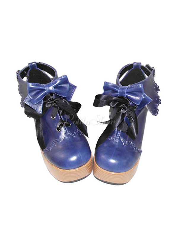 Lolitashow かわいい青 Pu レザー分厚いかかと素敵なロリータ靴