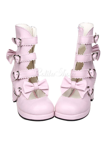 Lolitashow ロリータ靴 ピンク リボン付き ラウンドトゥ 中ヒール 厚底 コスチューム Lolitashow Com Jp