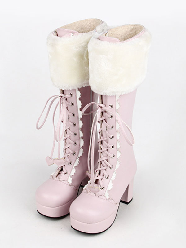 Lolitashow Sweet Lolita Boots Pink Faux 