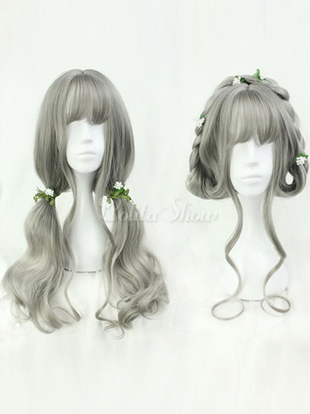 Dolce Lolita parrucche grigio parrucche di capelli Lolita ricci lunghi  fibra resistente al calore con Bang - Lolitashow.com