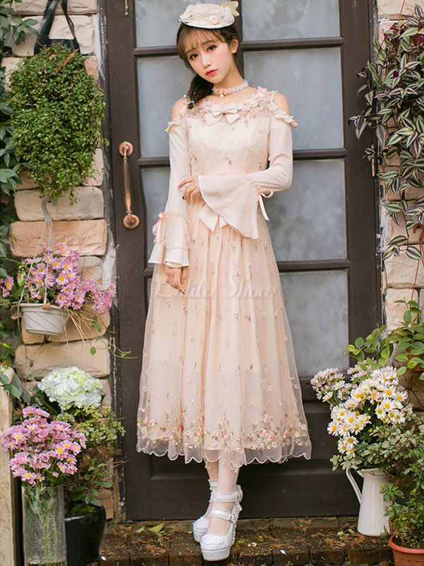 Classic Lolita Dress Op Tulle Peach Long Sleeve Jacquard Lolita One Piece Dress Lolitashow Com