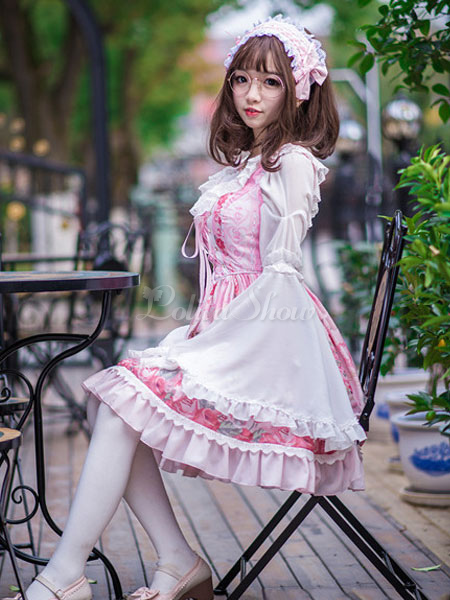 ロリィタジャンパースカート ピンク お茶会 スウィート シフォン プリント柄 Vネック Lolitashow Com Jp