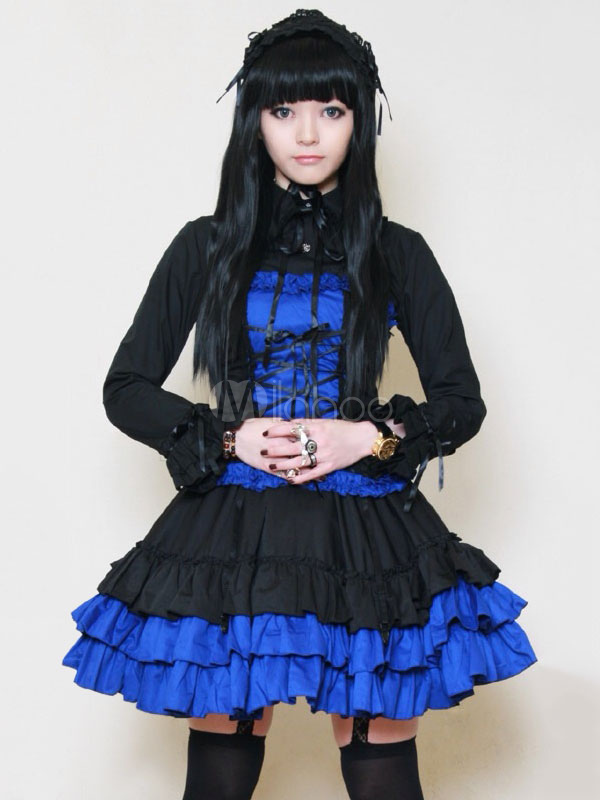 ゴスロリドレスop ロイヤルブルー ターンダウンカラー 長袖ロリータワンピースドレス カマーバンド付きアイドル衣装 Lolitashow Com Jp