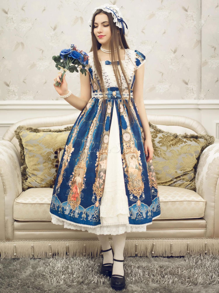 袖ありのワンピース ロリィタファッション ロイヤルブルー プリント柄 ポリエステル クラシック トラディション 半袖 スクエアネック お茶会 Lolitashow Com Jp