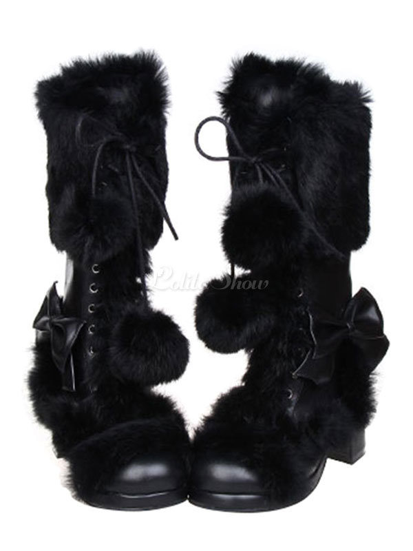Sweet Lolita Boots Platform Square Toe Chunky Heel Faux Fur Lace 