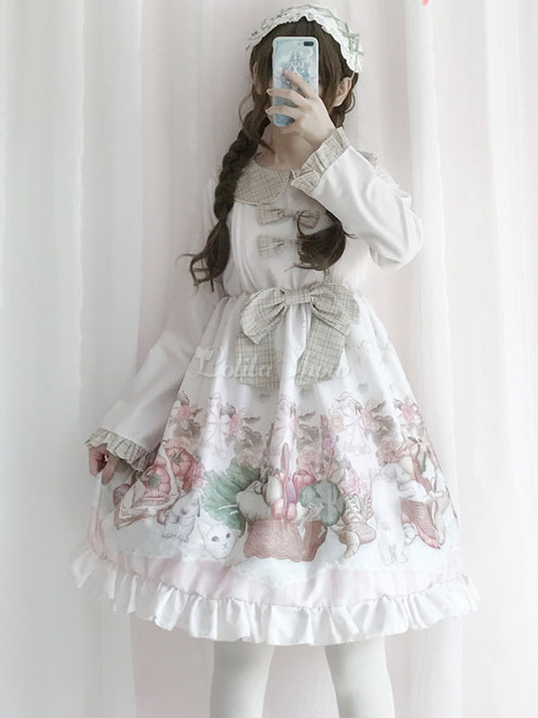ワンピース ロリィタファッション 袖あり ホワイト プリント柄 綿麻 スウィート 長袖 ピーターパンカラー お茶会 Lolitashow Com Jp ワンピース ロリィタファッション 袖あり ホワイト プリント柄 綿麻 スウィート 長袖 ピーターパンカラー お茶会 Lolitashow Com Jp