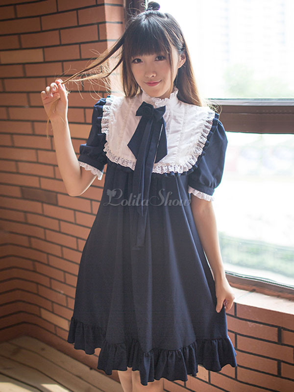 袖ありのワンピース ロリィタファッション 2カラーブロック シフォン メイド 半袖 スタンドカラー リボン Lolitashow Com Jp