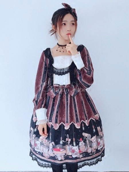 Sweet Lolita Dress Op Dentelle Bow Imprimer En Mousseline De Soie Lolita One Piece Dress Lolitashow Com