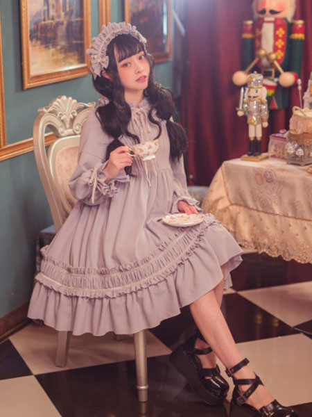 Classic Lolita One Piece Dress Solid Color Long Sleeve Vintage Lolita One Piece Dress Lolitashow Com