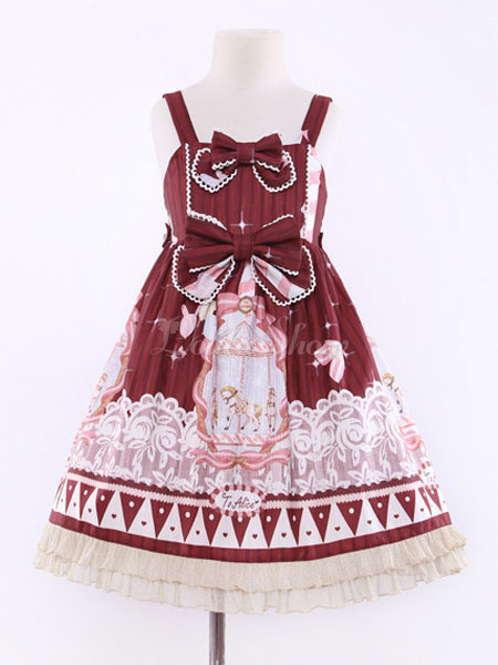 Doux Lolita Jsk Robe Jacquard Carousel Imprimer Dentelle Bow Ruffle Bourgogne Toddlers Lolita Jumper Jupe Lolitashow Com