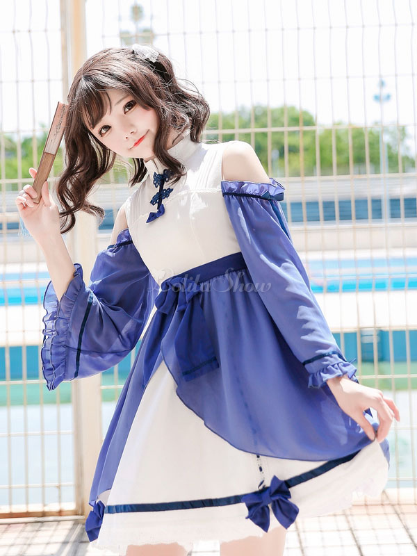 Chinese Style Lolita Op Dress Bow Pleated Frill Blue Lolita One Piece Dress Lolitashow Com