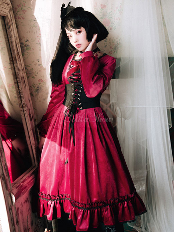 Gothic Lolita Op Dress Little Red Riding Hood Velour Lace Up Ruffle Bow Burgundy Lolita One Piece Dress Lolitashow Com