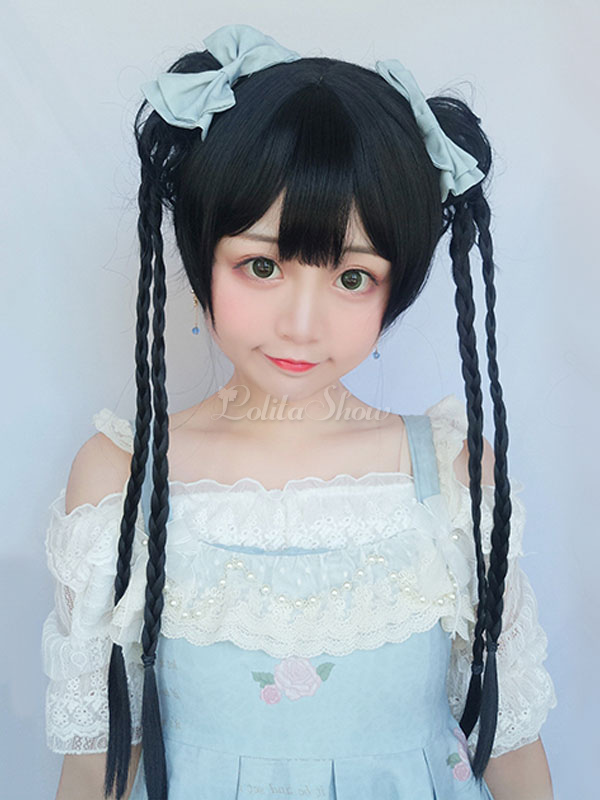 Chinese Style Lolita Wig Blunt Bang Braided Black Long Wig