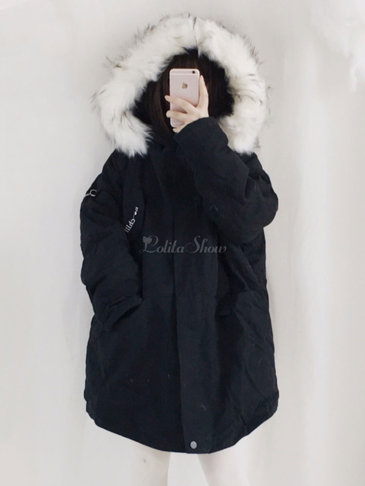 black coat with fluffy hood