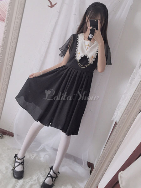 ゴスロリワンピース 十字架 ブラック ゴシックロリィタワンピース プリーズ シフォン 刺繍チェーン ツートン Opドレス Lolitashow Com Jp