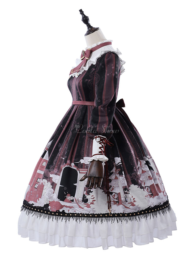 Classic Lolita Op Dress Snow Country Girl Print Bow Ruffle Black Lolita One Piece Dress Lolitashow Com