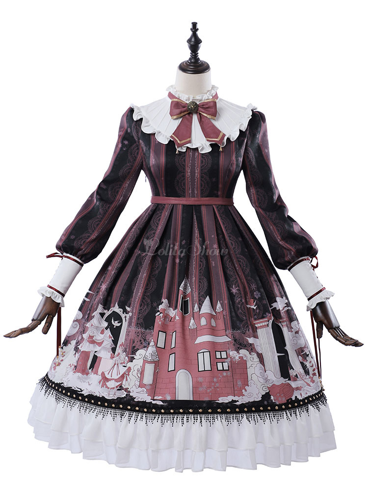 Classic Lolita Op Dress Snow Country Girl Print Bow Ruffle Black Lolita One Piece Dress Lolitashow Com