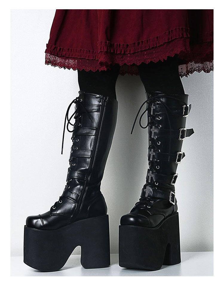 ロリィタブーツ ゴシック ブラック ハイプラットフォーム 丸いつま先