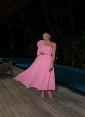 【MarchesaNotte】ミディドレス ワンショルダー プリーツ ピンク MARQUISE COUTURE（マルキーズ クチュール）ラッフルデザイン