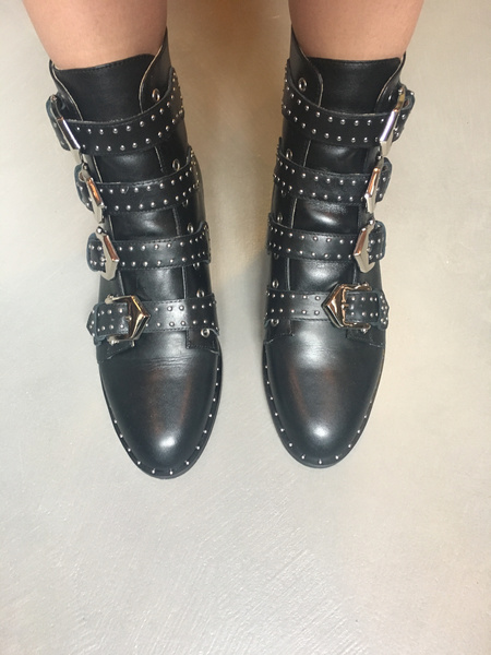 Black Motorcycle Boots Cowhide Studded Buckles Round Toe Ankle Boots ...