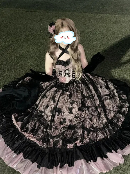 ゴシックロリータドレス レースフリル 花柄 かわいいプリンセス