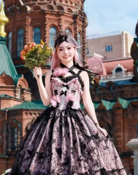 ゴシックロリータウェディングドレス フリルフラワー 花柄